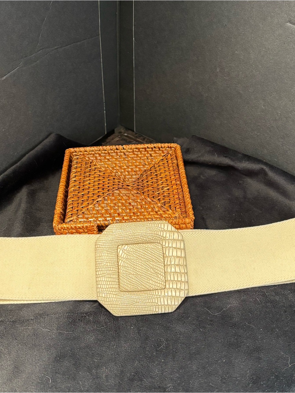 Beige Stretch Cinch Belt with Textured Buckle, Size 30x2”